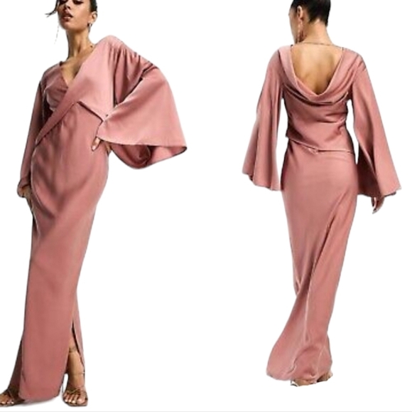 Asos Design Womens Satin Batwing Sleeves Maxi Dress Pink  Drape Bodice NWOT - Picture 1 of 13